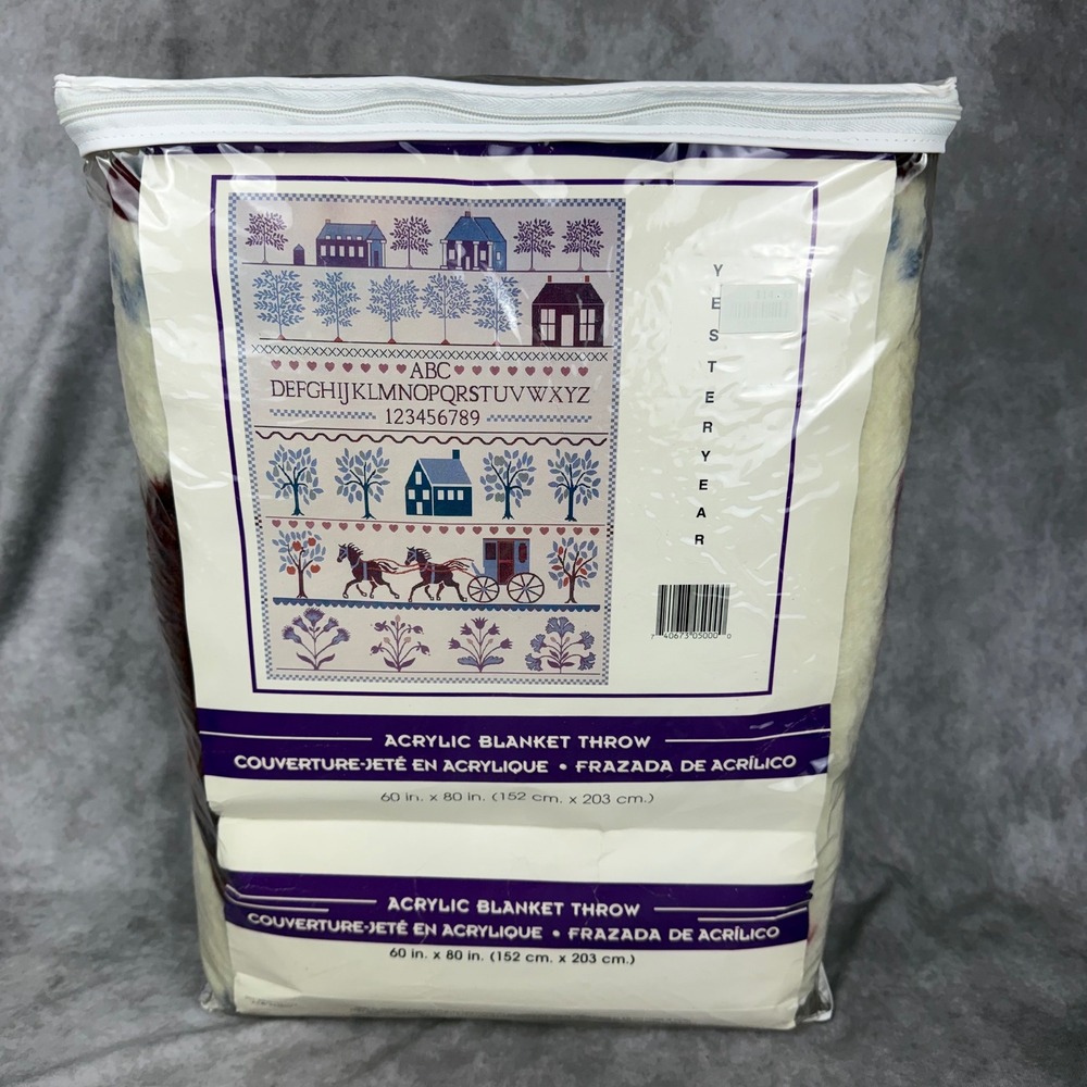 Vtg 90s Y2K Fuzzy Cottagecore Farmhouse Blanket Throw 60x80 Folk Art Country NEW